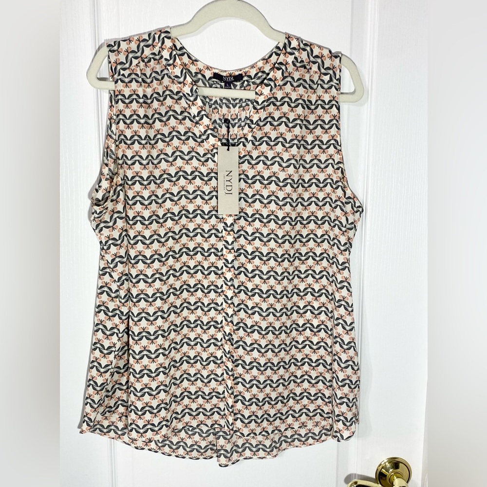 NYDJ Butterfly Print Pintuck Sleeveless Blouse Pink Gray Large (FLAW)